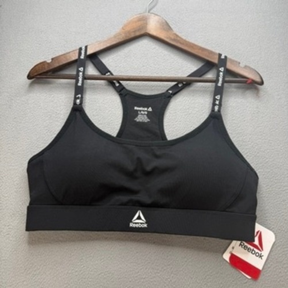 Reebok Core Sports Bra Compression Fit L Black Logo Straps Activewear Gym NWT